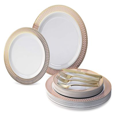 " OCCASIONS " 150pcs set (25 Guests)-Wedding Party Disposable Plastic Plates & cutlery 10'', 7.5'' + Silverware w/double fork (Venice in White/Blush/Peach & Gold)