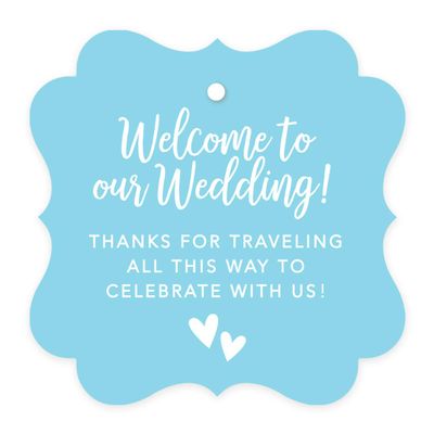 Andaz Press Out of Town Bags Fancy Frame Gift Tags, Welcome to Our Wedding Thanks for Traveling to Celebrate with Us, Baby Blue, 24-Pack, for Destination OOT Gable Boxes