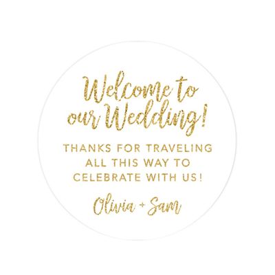 Andaz Press Personalized Out of Town Bags Round Circle Gift Labels Stickers, Welcome to Our Wedding Thanks for Traveling to Celebrate with Us, Faux Gold Glitter, 40-Pack, Custom Destination OOT