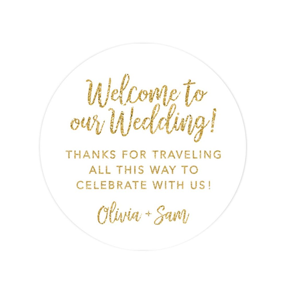 Andaz Press Personalized Out of Town Bags Round Circle Gift Labels Stickers, Welcome to Our Wedding Thanks for Traveling to Celebrate with Us, Faux Gold Glitter, 40-Pack, Custom Destination OOT