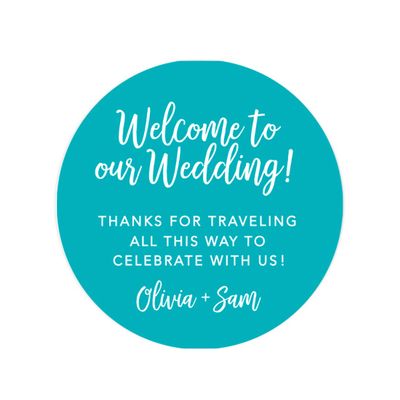 Andaz Press Personalized Out of Town Bags Round Circle Gift Labels Stickers, Welcome to Our Wedding Thanks for Traveling to Celebrate with Us, Aqua Turquoise, 40-Pack, Custom for Destination OOT