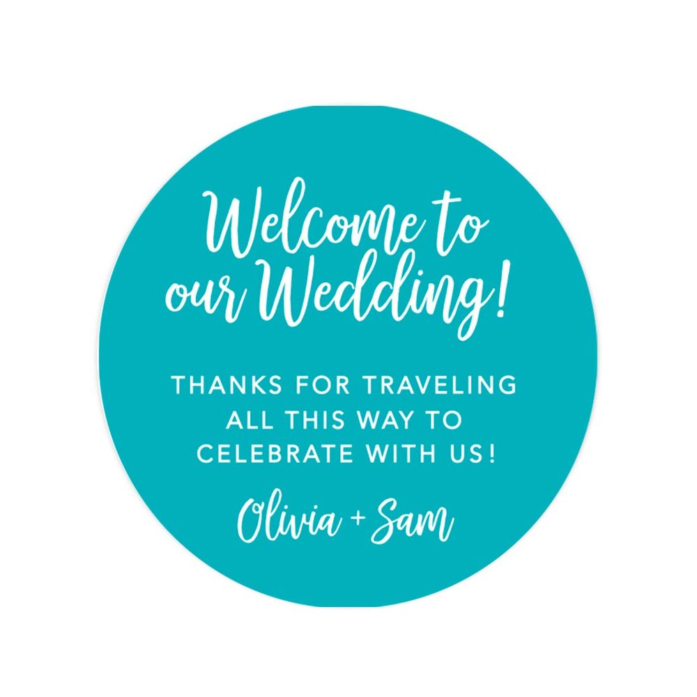 Andaz Press Personalized Out of Town Bags Round Circle Gift Labels Stickers, Welcome to Our Wedding Thanks for Traveling to Celebrate with Us, Aqua Turquoise, 40-Pack, Custom for Destination OOT
