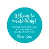 Andaz Press Personalized Out of Town Bags Round Circle Gift Labels Stickers, Welcome to Our Wedding Thanks for Traveling to Celebrate with Us, Aqua Turquoise, 40-Pack, Custom for Destination OOT view 1