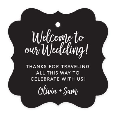 Andaz Press Personalized Out of Town Bags Fancy Frame Gift Tags, Welcome to Our Wedding Thanks for Traveling to Celebrate with Us, Black, 24-Pack, Custom for Destination OOT Gable Boxes