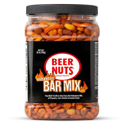 Beer Nuts Habanero Bar Mix, Fiery Hot Habanero Mix Of Peanuts, Corn Sticks & Insane Grain, Spicy Bar Mix for Any Party, Resealable Jar (28oz, Habenero)