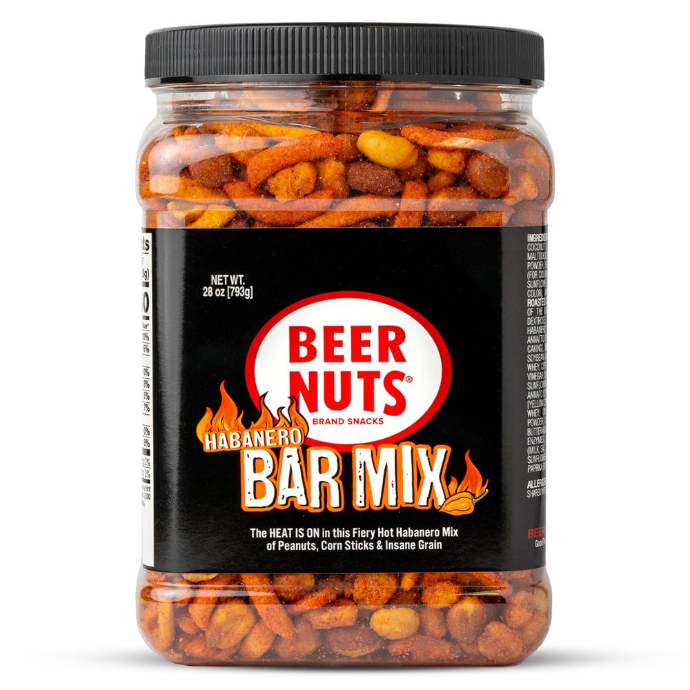Beer Nuts Habanero Bar Mix, Fiery Hot Habanero Mix Of Peanuts, Corn Sticks & Insane Grain, Spicy Bar Mix for Any Party, Resealable Jar (28oz, Habenero)