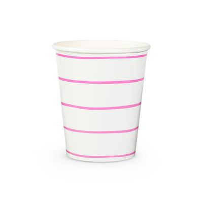 Daydream Society Frenchie Striped - 9-oz Paper Cups - Party Cups with Cerise Pink Stripes - Pack of 8 Disposable Cups - Easy to Mix and Match - Paper Coffee Cups to Suit All Occasions