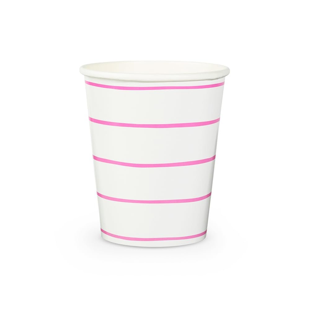 Daydream Society Frenchie Striped - 9-oz Paper Cups - Party Cups with Cerise Pink Stripes - Pack of 8 Disposable Cups - Easy to Mix and Match - Paper Coffee Cups to Suit All Occasions