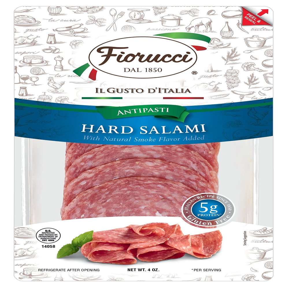 Fiorucci Hard Salami, Classic Natural Smokey Flavor Added, Gluten Free, 5g of Protein, 4 Oz (Pack of 18)