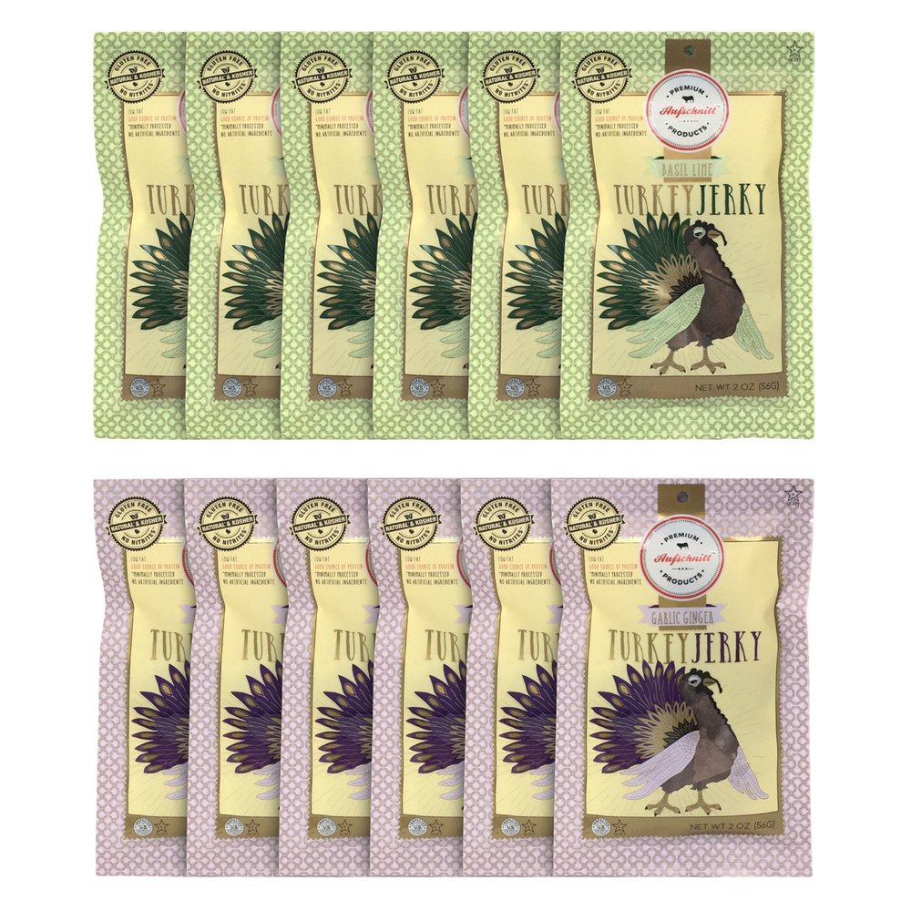 Aufschnitt Turkey Jerky for People - Certified Kosher, Gluten Free, No Nitrites, Paleo Snack - Variety12 Pack, 2 oz Each - Ginger Garlic and Basil Lime
