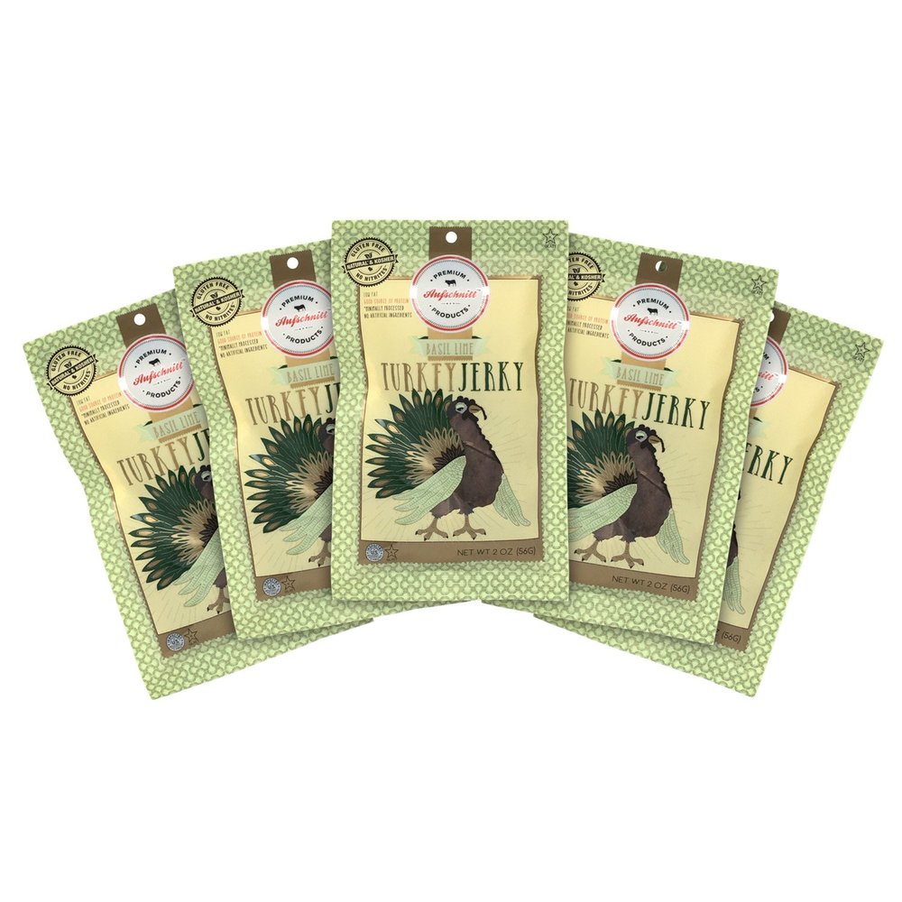 Aufschnitt Turkey Jerky for People - Certified Kosher, Gluten Free, No Nitrites, Paleo Snack - 5 Pack, 2 oz Each - Basil Lime