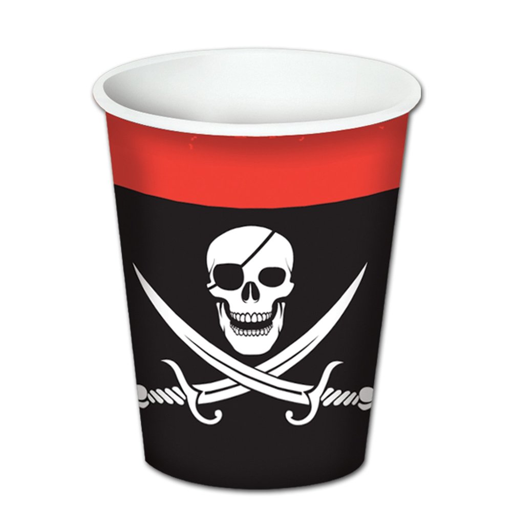 Beistle Club Pack Printed Pirate 9oz Paper Hot/Cold Cup Pack of 8, Box Contains 12 Packs (96 Cups)