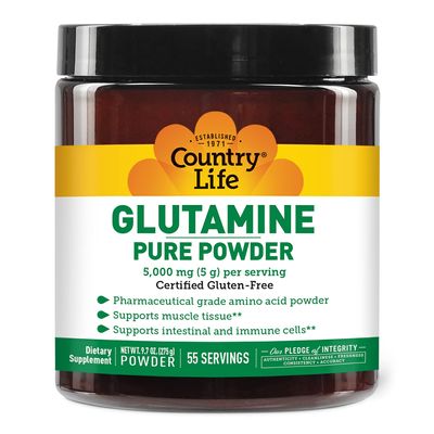 Country Life Glutamine Pure Powder - 5000mg L-Glutamine - Muscle Tissue, Gut Health, Immune Support - Gluten-Free Certified - Ideal Pre/Post Workout Amino Acid Supplement, 55 Servings, 9.7oz