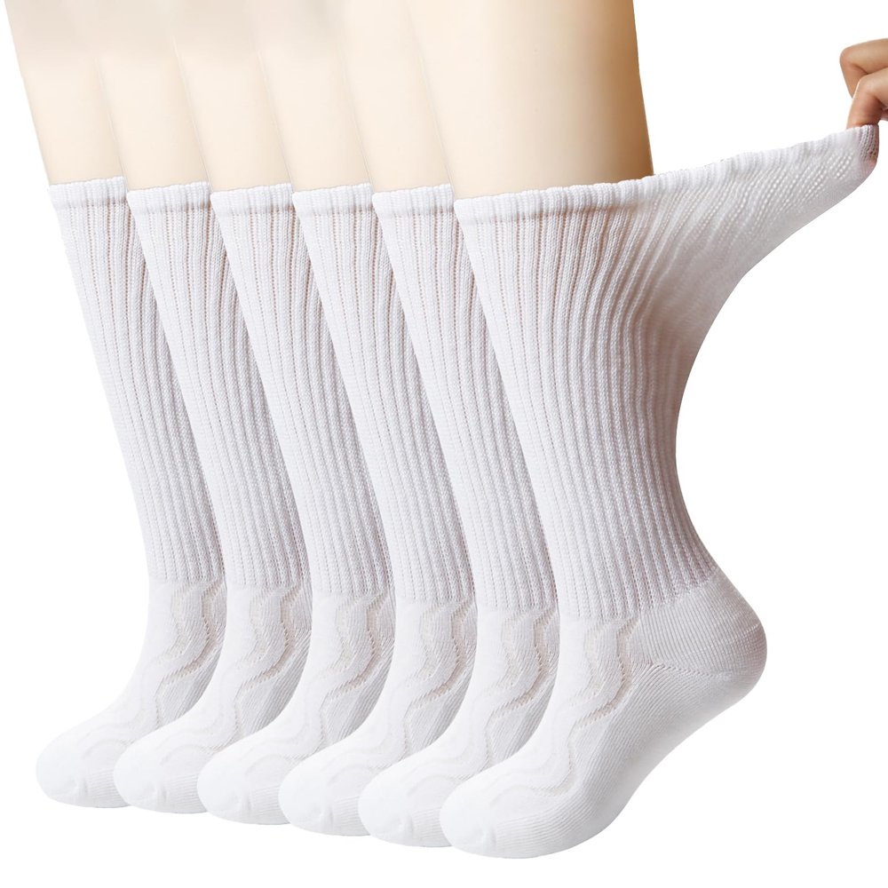 +MD 6 Pairs Non-Binding Men's Cushioned Moisture Wicking Diabetic Crew Dress Socks 10-13 White