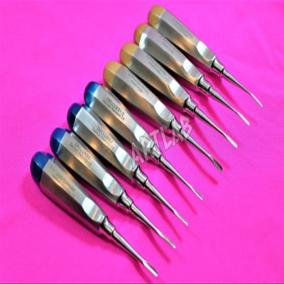 8 Pc German Dental Elevators Gold+Blue Straight+Curved 1.5,2.0,3.0,4.0 Orthodontics (Cynamed)