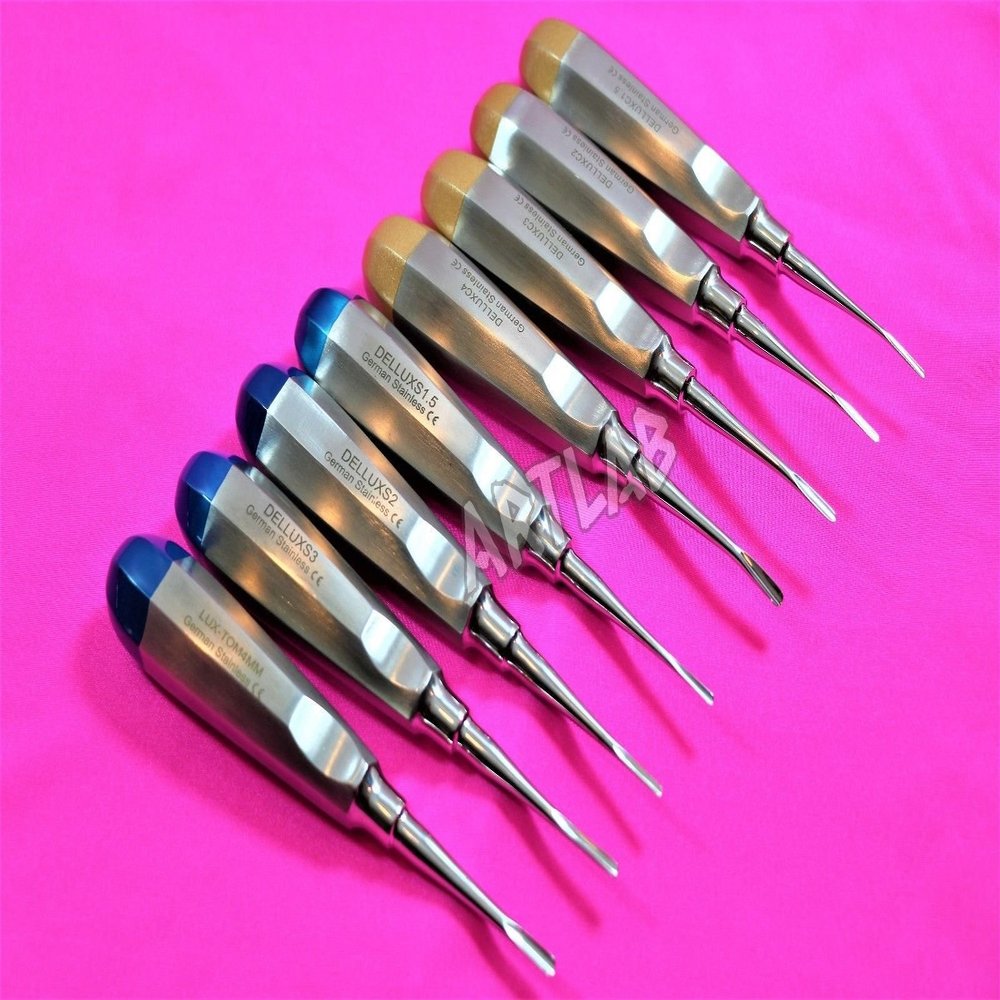 8 Pc German Dental Elevators Gold+Blue Straight+Curved 1.5,2.0,3.0,4.0 Orthodontics (Cynamed)