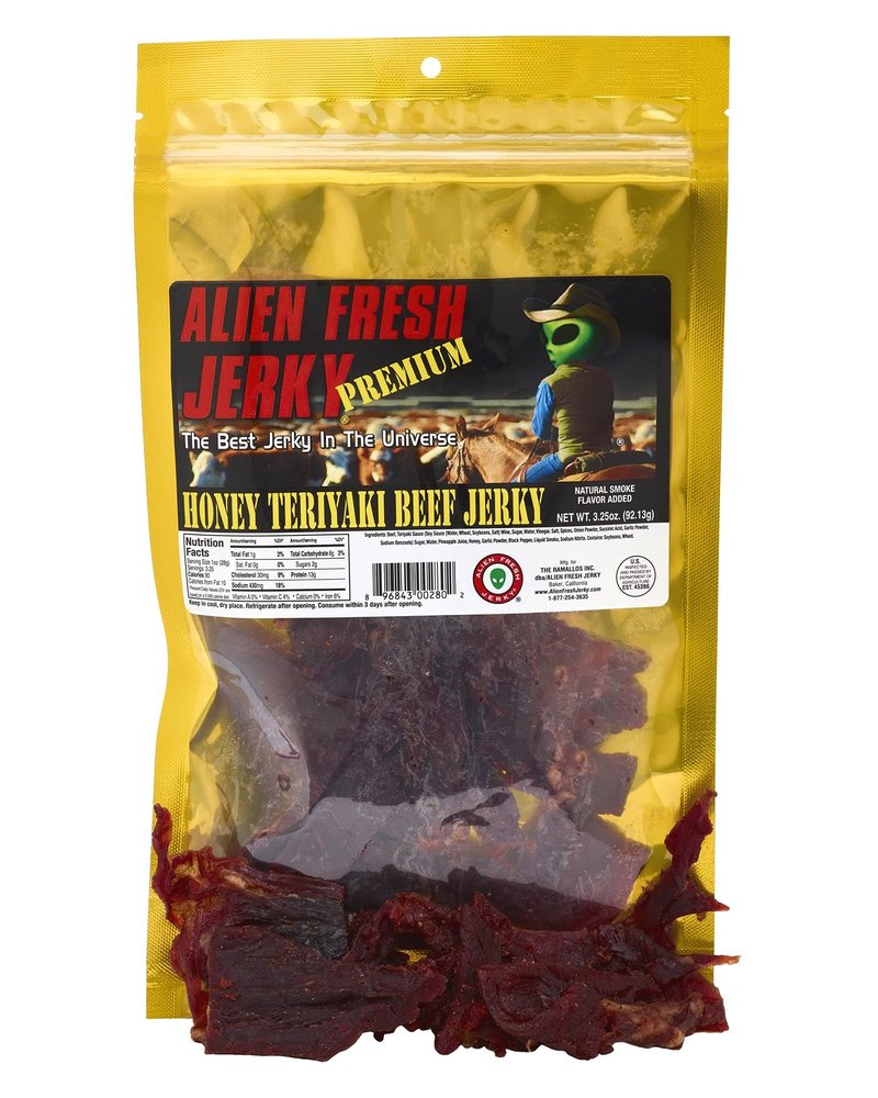 Alien Fresh Jerky - Classic - Honey Teriyaki - Premium Beef - Low Calorie Snack - The Best Jerky In The Universe - 3.25 OZ - Made In USA