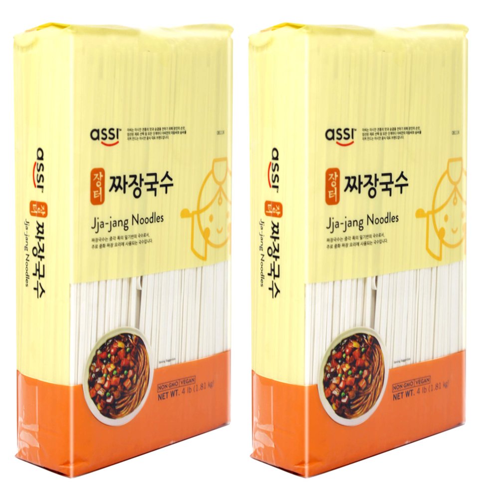 Assi Brand Oriental Style Noodle (Pasta) Dried Noodles, Jjajang, Net WT: 4 LBS (1.8Kg) (2-pack)