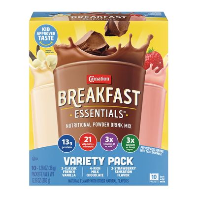Nestle Carnation Breakfast Essentials Complete Nutritional Drink Rich Milk Chocolate/Classic French Vanilla/Strawberry Sensation Flavor 60 Ct