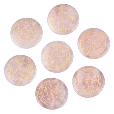 mookaitedecor 7 Piece Rose Quartz Stones with Engraved Magic Archangel Symbol Polished Palm Stone for Reiki Crystal Healing