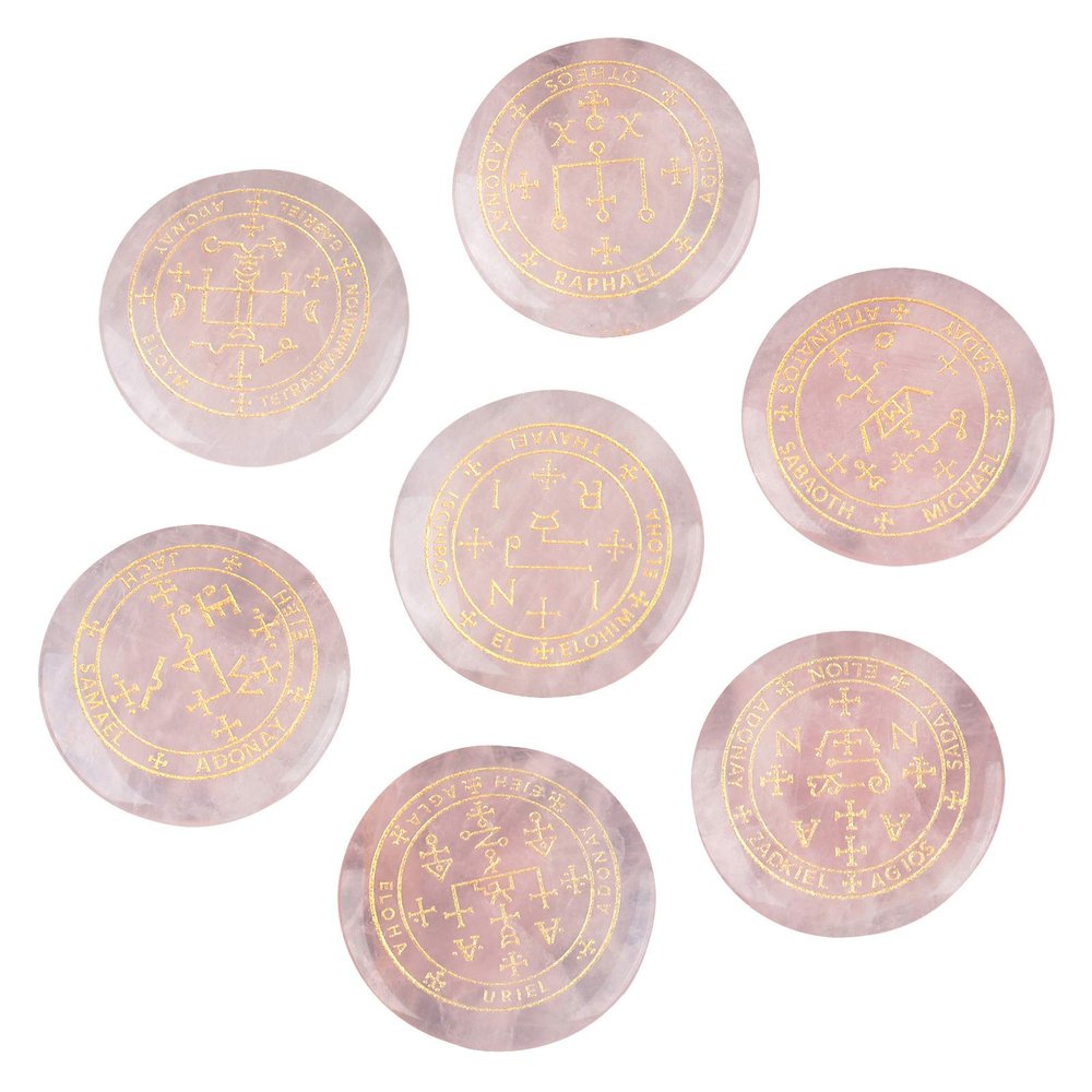 mookaitedecor 7 Piece Rose Quartz Stones with Engraved Magic Archangel Symbol Polished Palm Stone for Reiki Crystal Healing
