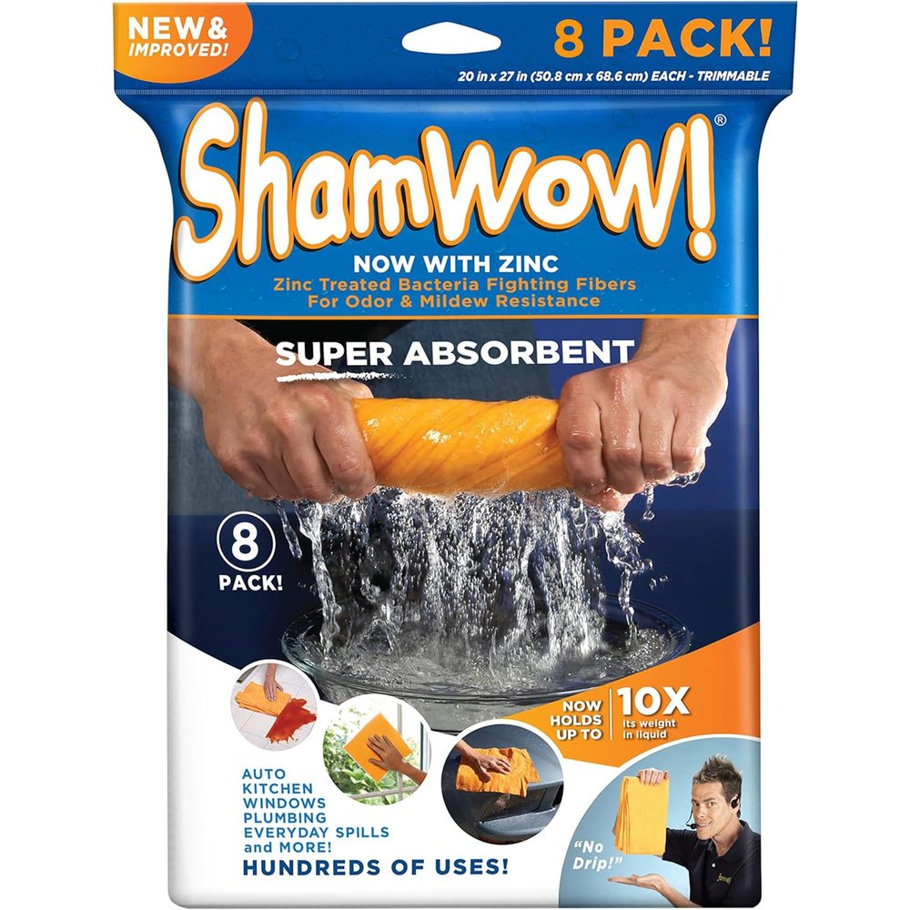 Original Shamwow - Super Absorbent Multi-Purpose Cleaning Shammy Chamois Towel Cloth - Holds 10X its Weight in Liquid - Machine Washable - Will Not Scratch (8 Pack, Orange)