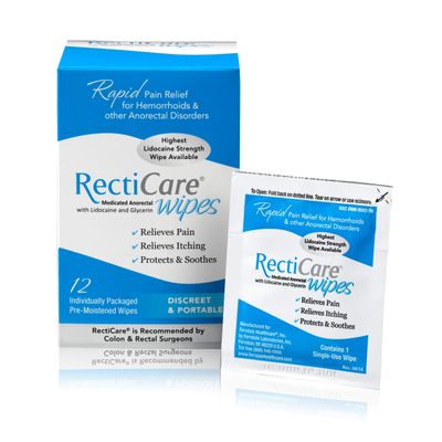 RectiCare Medicated Anorectal Wipes Maximum Strength Topical Numbing 5% Lidocaine & Glycerin 12 Pack