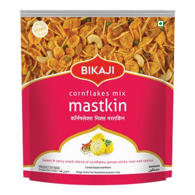 Bikaji Mastkin Cornflakes Mixture, 14.11 oz Crunchy Savory Indian Snacks (Namkeen) Traditional Roasted Corn Flakes with Cashew Nuts & Tangy Spices Authentic Bikaneri Munchies for Tea-Time & Parties
