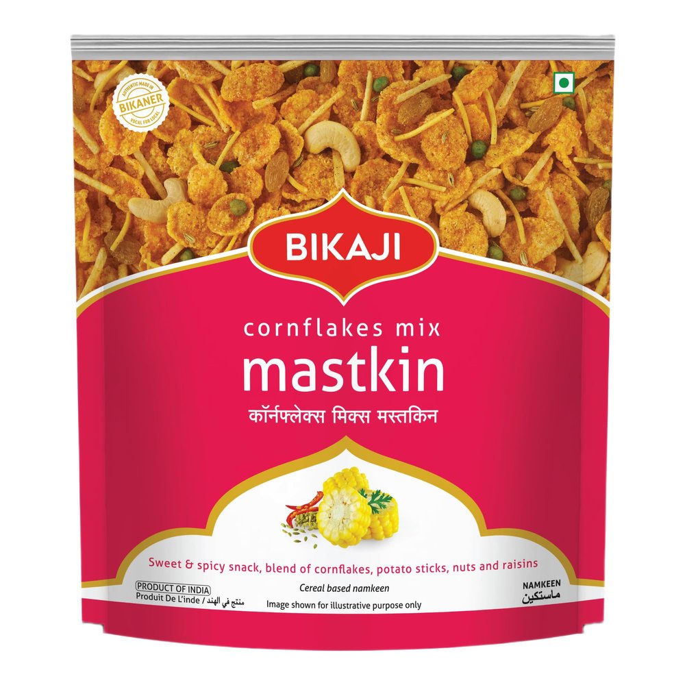 Bikaji Mastkin Cornflakes Mixture, 14.11 oz Crunchy Savory Indian Snacks (Namkeen) Traditional Roasted Corn Flakes with Cashew Nuts & Tangy Spices Authentic Bikaneri Munchies for Tea-Time & Parties