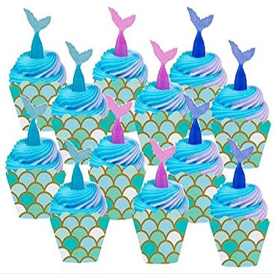 Beach Mermaid Cake / Food / Cupcake / Appetizer /Desert Decorating Topper Decorations (12Pack Mermaid Tails Picks with Cupcake Wrappers)