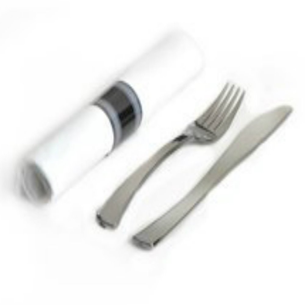 200 Elegant Pre Wrap Disposable Plastic Silverware Sets Silver Fork Knife White Linen-Quality Paper Napkin Roll Cutlery Sets Great Pre Rolled Cutlery in Linen-Feel White Napkins