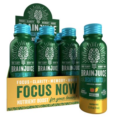 BrainJuice Decaf Brain Support Shot, Gluten Free Supplement Shots for Energy & Focus, Healthy Drinks with Alpha GPC, Vitamin B & Decaffeinated Green Tea Leaf, Peach Mango, 2.5 fl oz, 12 Pack