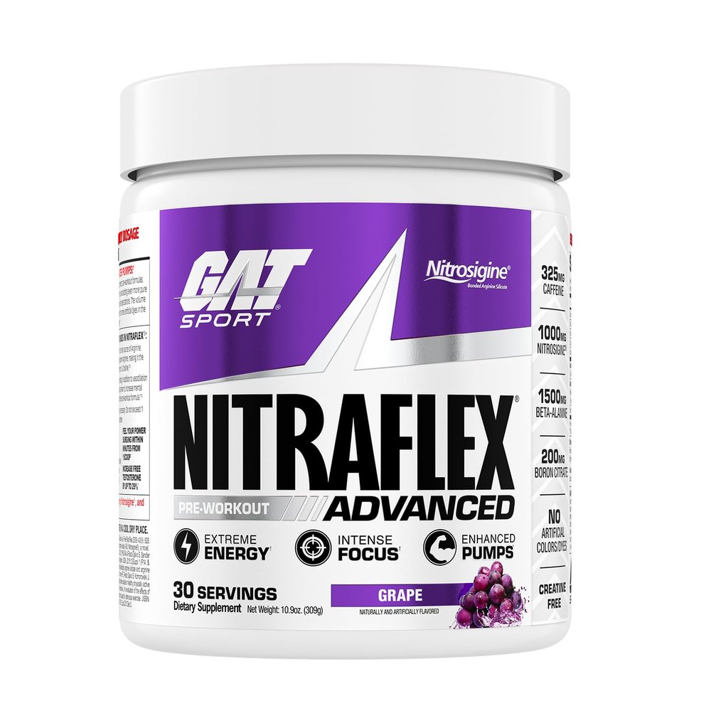 GAT SPORT, Nitraflex Advanced Pre-Workout Powder, Increases Blood Flow, Boosts Strength and Energy, Improves Exercise Performance (Grape, 30 Servings)