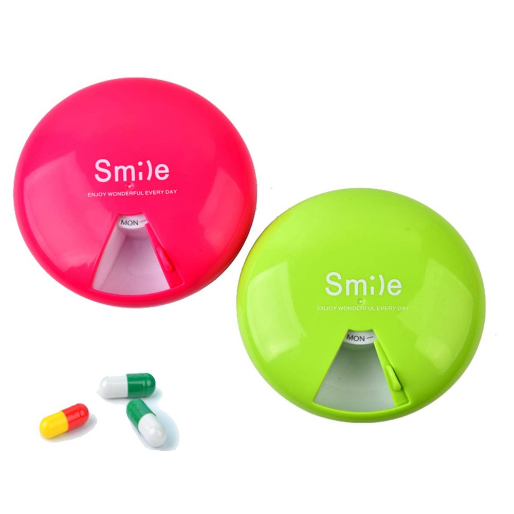 2 Packs Weekly Pill Organizer Small Portable BPA-Free Pill Case with 360 Degree Rotation 7 Compartments Day Marks Pill Container (Green & Orange)