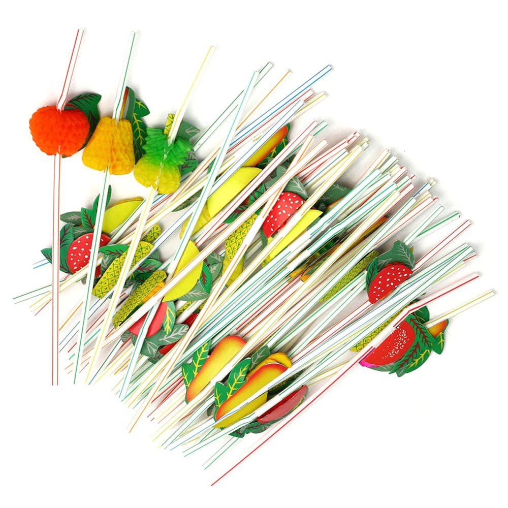 100 Pcs Disposable Flexible Bendable Fruit Straws Table Decor Tropical Drinks - Soft Drinks Hawaiian Cocktail Bars Restaurants Luau Party Supply Beverage Decorations