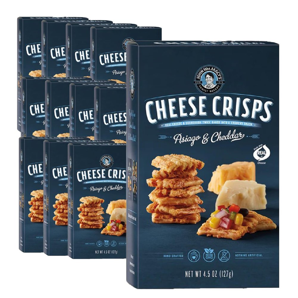 John Wm. Macy - Asiago & Cheddar CheeseCrisps - Hand Crafted, Non GMO, and Nothing Artificial - Made with Real Cheese - 4.5 oz. Carton - 12 Pack