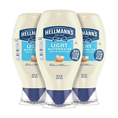 Hellmann's Light Mayonnaise Pack of 3 Light Mayo Squeeze Bottle For a Creamy Condiment for Sandwiches and Simple Meals Made With 100% Cage-Free Eggs 20 oz