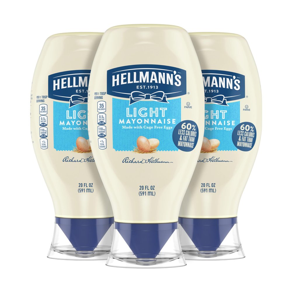 Hellmann's Light Mayonnaise Pack of 3 Light Mayo Squeeze Bottle For a Creamy Condiment for Sandwiches and Simple Meals Made With 100% Cage-Free Eggs 20 oz