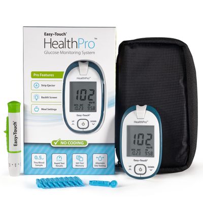 HealthPro Blood Glucose Monitor System Kit by Easy Touch | Complete Diabetes Testing Starter Set with Glucose Meter, Lancing Device, 10 Twist Lancets, Carrying Case, Logbook, Quick Guide & Batteries