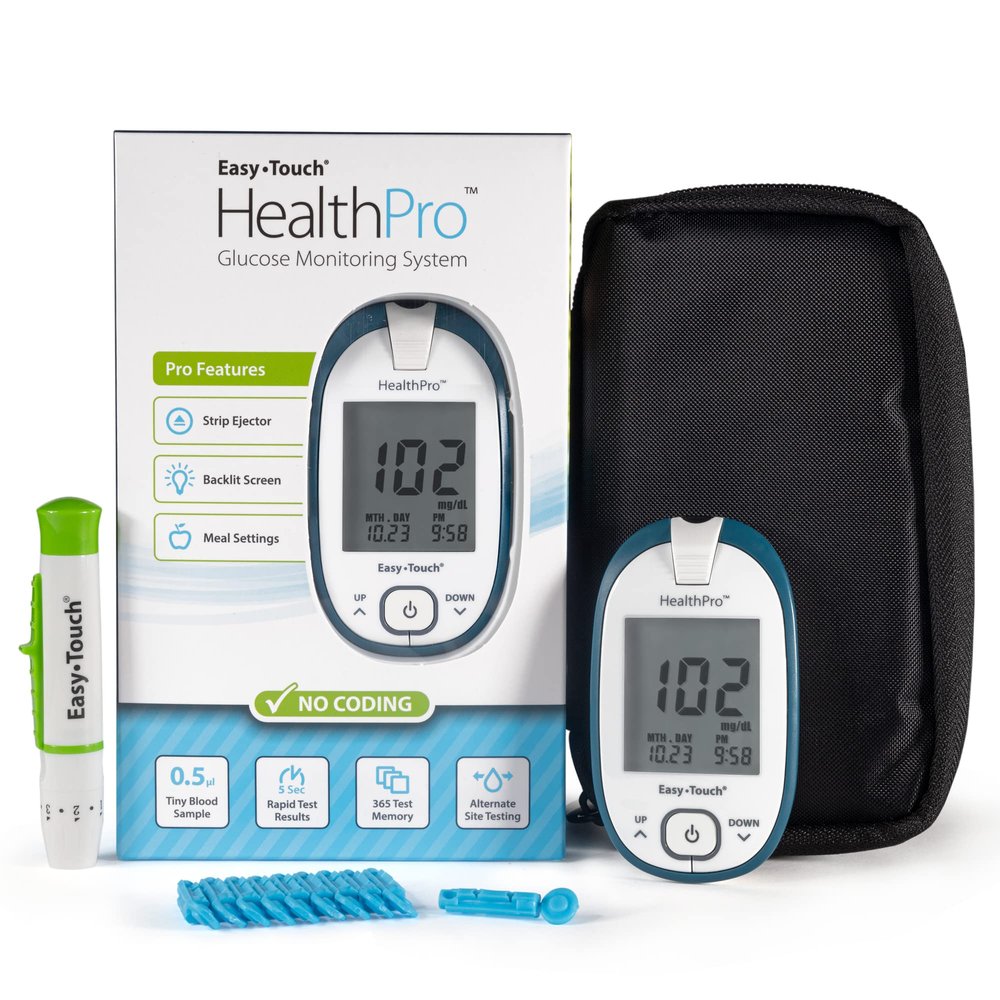 HealthPro Blood Glucose Monitor System Kit by Easy Touch | Complete Diabetes Testing Starter Set with Glucose Meter, Lancing Device, 10 Twist Lancets, Carrying Case, Logbook, Quick Guide & Batteries