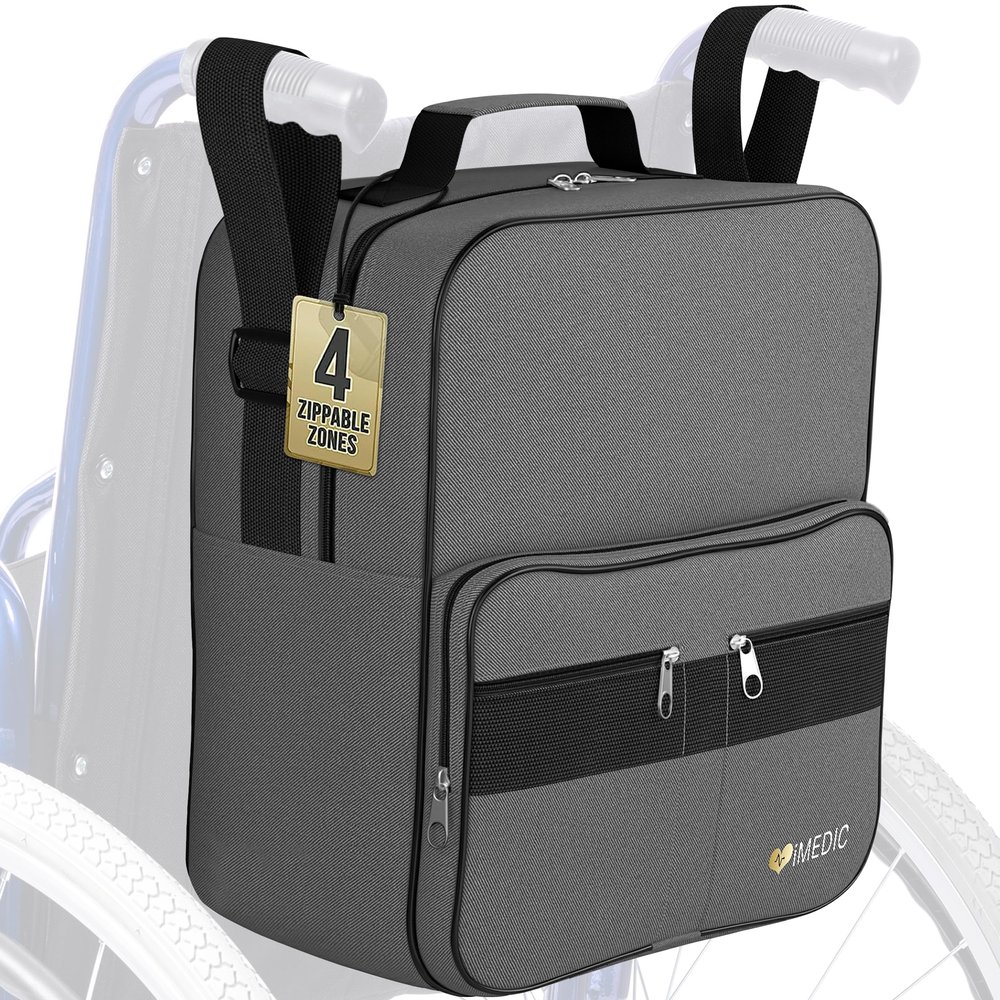 iMedic Deluxe Wheelchair Bag  Storage Backpack for Adults  Hangs Securely on Wheelchair Back  Organiser for Mobility & Electric Wheelchairs  Grey