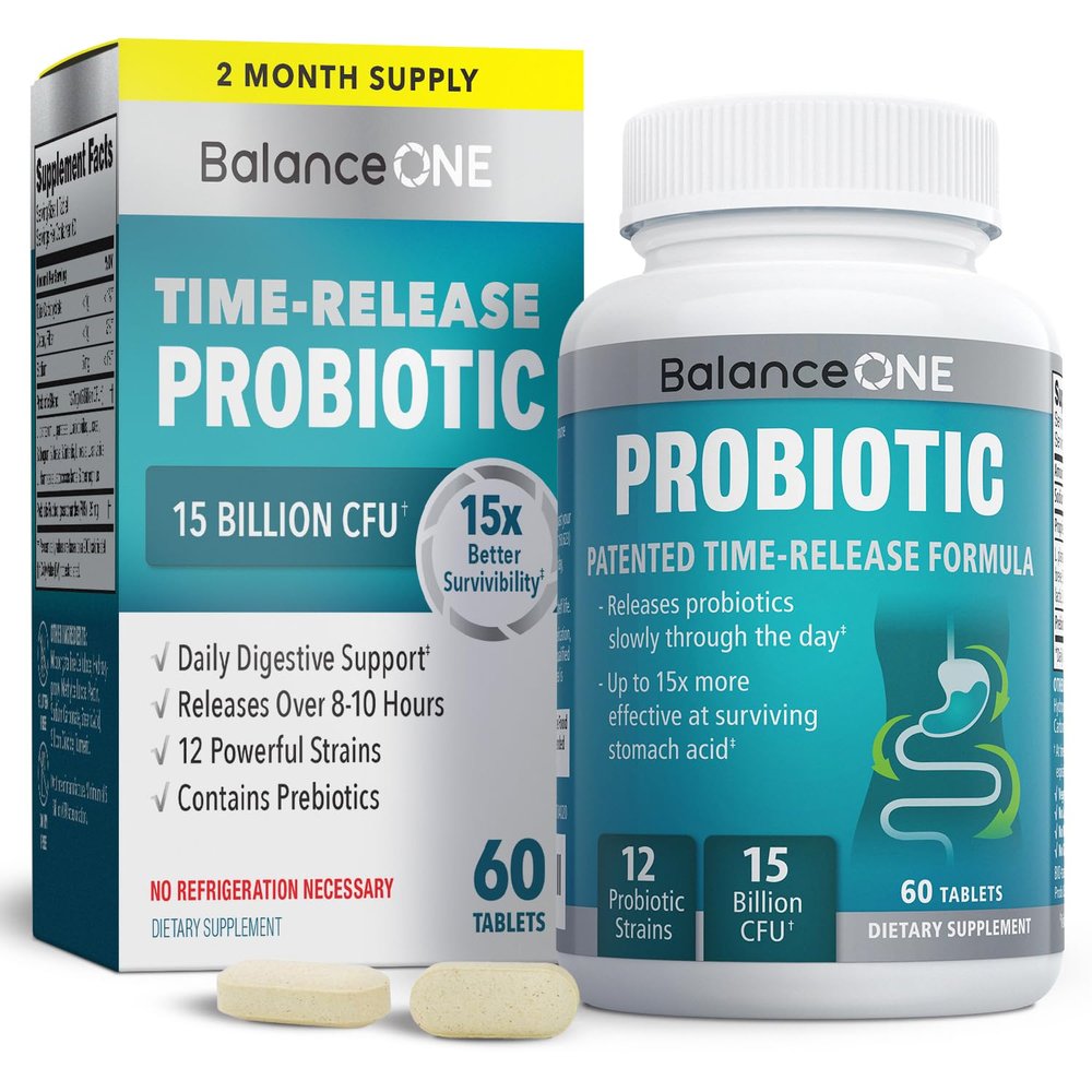 Balance ONE Time Release Probiotic  15 Billion CFU  12 Strains Including L. Plantarum  15x More Survival Than Capsules  Bloating & Gas Relief  Gut & Digestive Health for Women & Men  60 Tablets