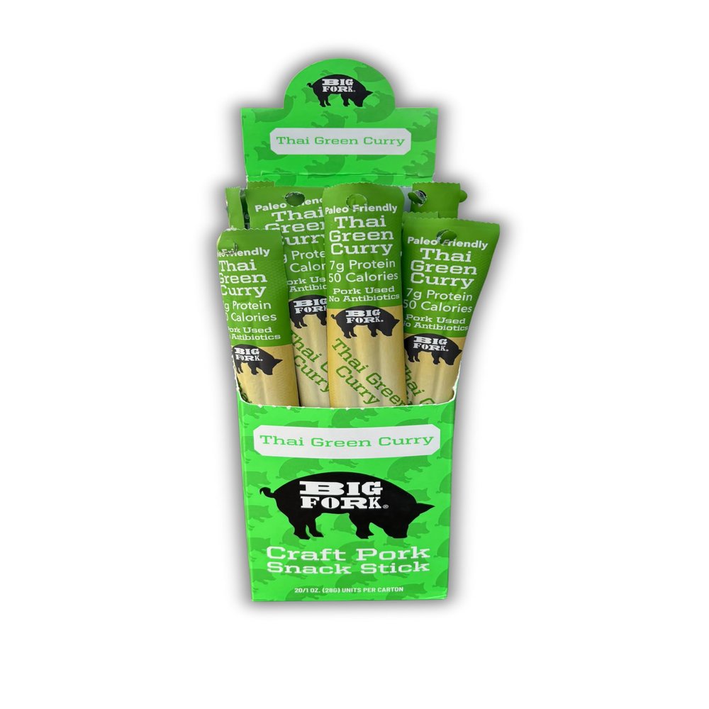 Big Fork Thai Green Curry Pork Snack Sticks Small-Batch, Hickory-Smoked Meat Sticks | 100% Berkshire Pork with Real Thai Spices | Keto, Paleo, Gluten-Free, High-Protein Snack | 20 Count (1 oz Each)