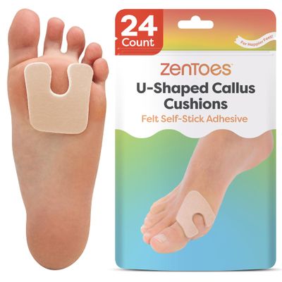ZenToes U-Shaped Felt Callus Pads | Protect Calluses from Rubbing on Shoes | Reduce Foot and Heel Pain | Pack of 24 | 1/8 Self-Stick Pedi Cushions