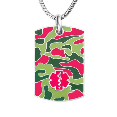 Divoti Custom Engraved Medical Alert Necklace for Women | Stainless Steel Red Camo Medical ID Dog Tag | Deep Laser Engraved Emergency Pendant with 24" Snake Chain -Vivid Red