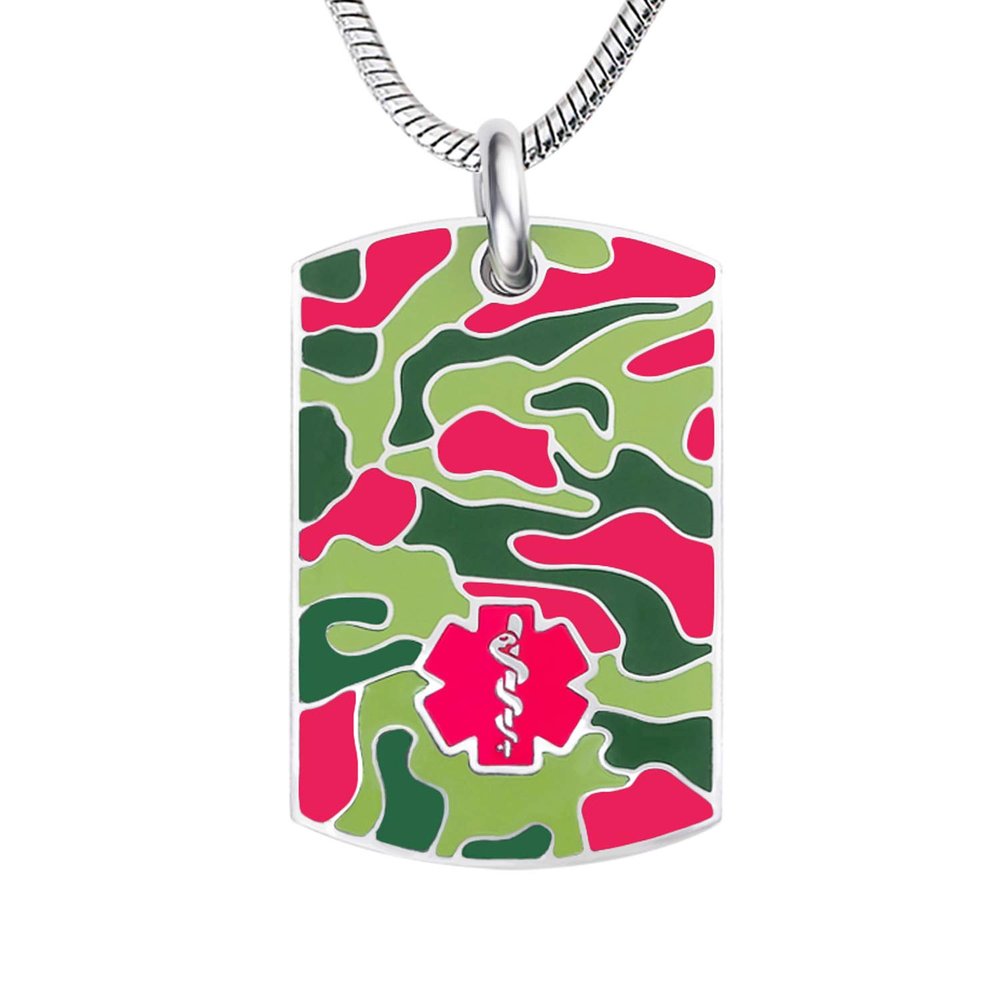 Divoti Custom Engraved Medical Alert Necklace for Women | Stainless Steel Red Camo Medical ID Dog Tag | Deep Laser Engraved Emergency Pendant with 24" Snake Chain -Vivid Red