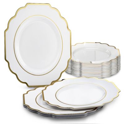 " OCCASIONS " 40 Plates Pack, Heavyweight Disposable Wedding Party Plastic Plates (10.5'' Dinner Plate, Imperial in White & Gold)