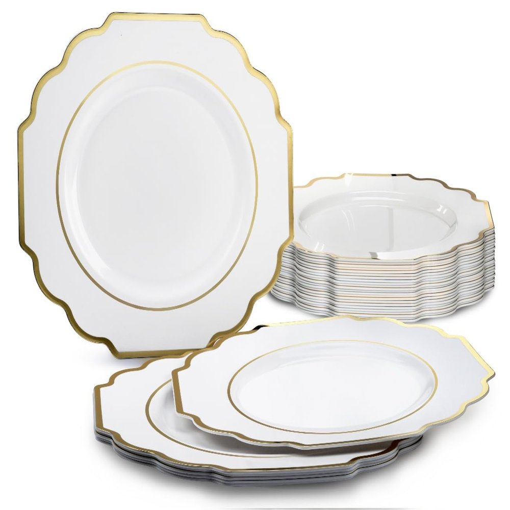 " OCCASIONS " 40 Plates Pack, Heavyweight Disposable Wedding Party Plastic Plates (10.5'' Dinner Plate, Imperial in White & Gold)