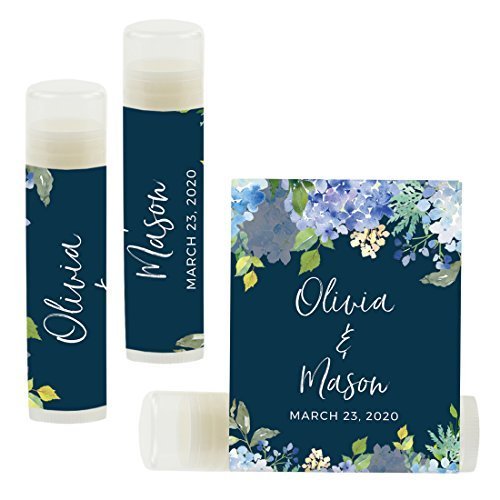 Andaz Press Personalized Bridal Shower Bachelorette Party Lip Balm Party Favors, Navy Blue Hydrangea Floral Garden Party, Bride's Name and Date, 12-Pack, Custom