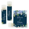 Andaz Press Personalized Bridal Shower Bachelorette Party Lip Balm Party Favors, Navy Blue Hydrangea Floral Garden Party, Bride's Name and Date, 12-Pack, Custom view 1